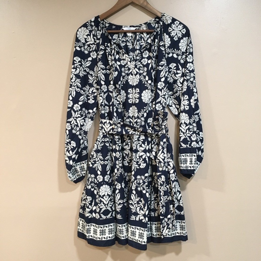 Dark Floral Long Sleeve Mini Dress Womens M Navy Blue Boho Cottage Peasant Belt